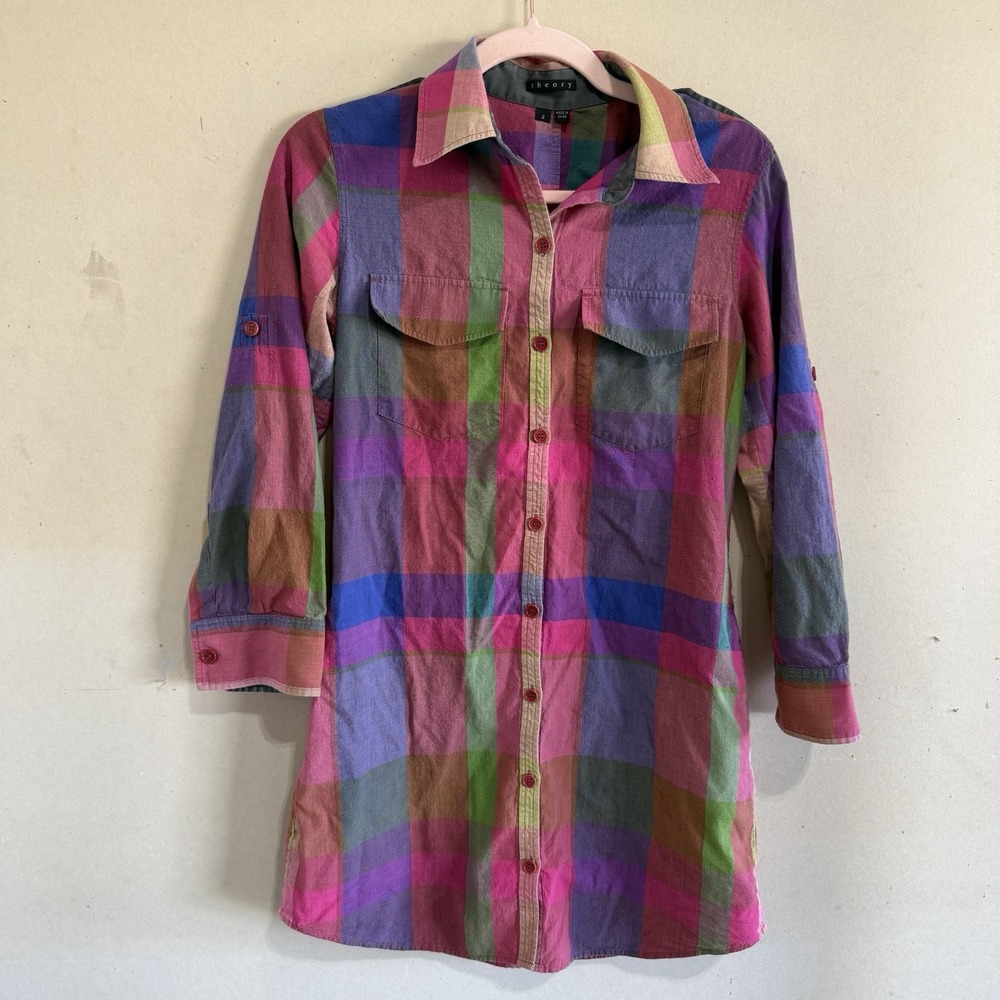 Theory Virgilia Plaid Shirt Dress Tunic Silk Lined Roll Up Sleeve Multi 2
